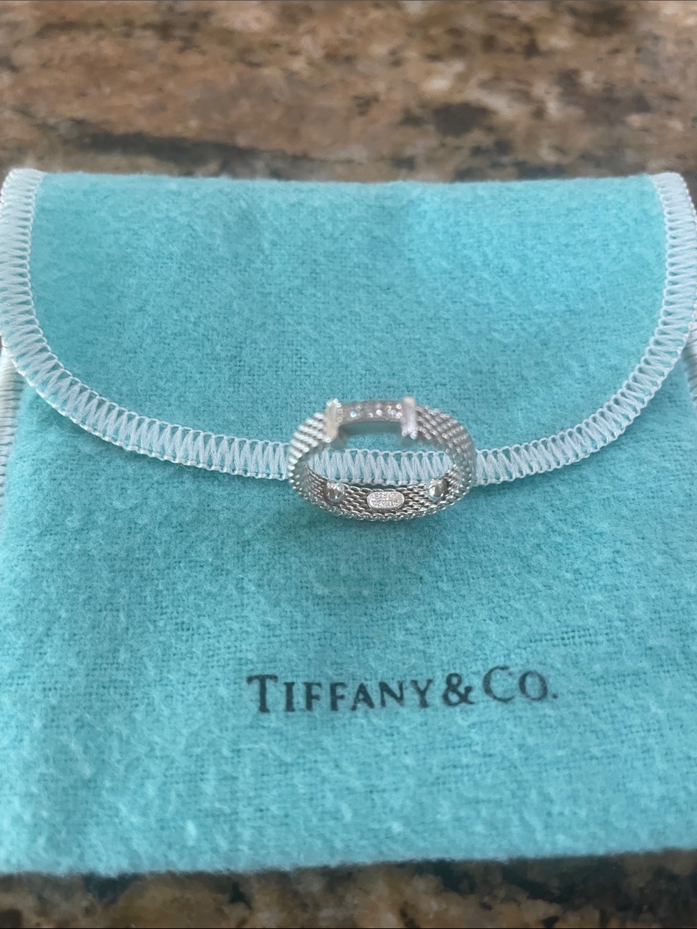 Tiffany & Co. Somerset mesh ring with 3 little diamonds size 3.5